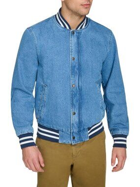 Levi's Men's Denim Blue Varsity Bomber Jacket Long Lined Sleeve Two Lower Pocket